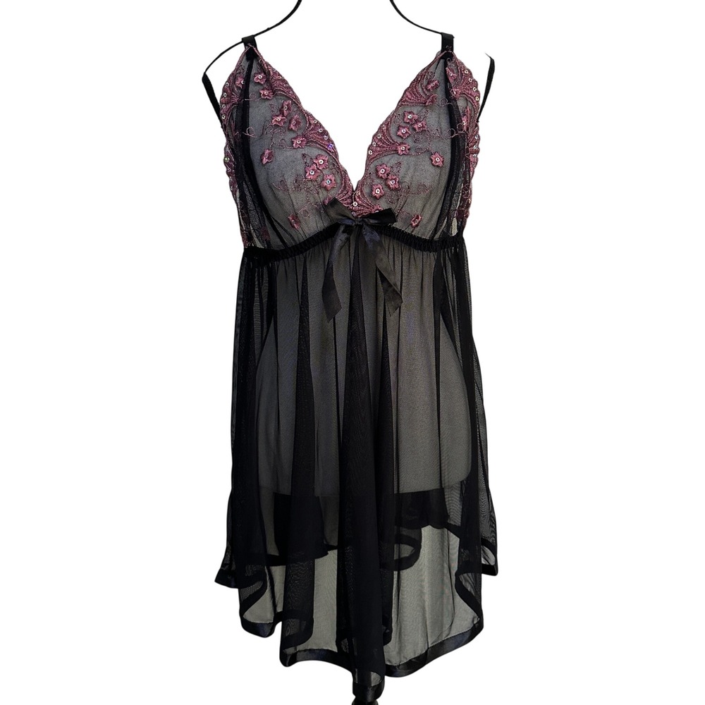 Babydoll Chemise Lingerie Womens 2X Floral Mesh Sequin Coquette Romantic Sexy
